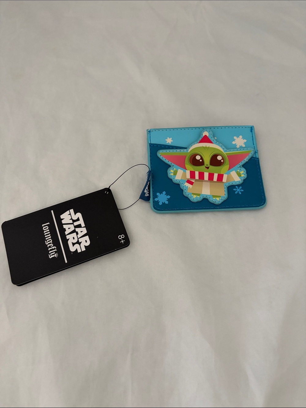 Loungefly Blue Grogu Card Holder with Festive Holiday Scarf And Santa Hat